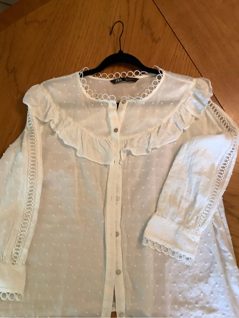 Zara White Swiss-Dot Ruffle Lace-Trim Blouse